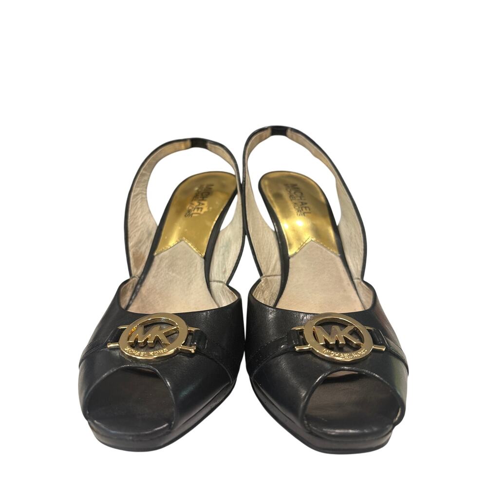 Michael Kors Rochelle slingback Sz 7.5 Black wedge sandals gold MK logo hardware